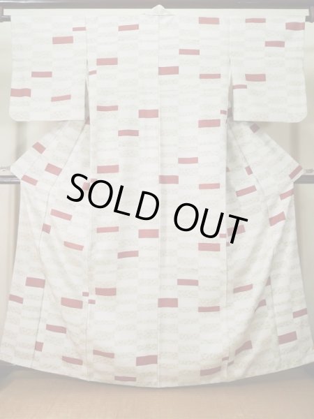 画像1: K0820B  小紋 女性用着物 地紋:市松模様 化繊 ヘザー(杢)  クリーム, 青海波 【中古】 【USED】 【リサイクル】 ★★★☆☆ (1)