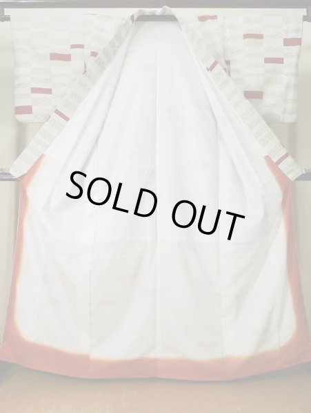 画像2: K0820B  小紋 女性用着物 地紋:市松模様 化繊 ヘザー(杢)  クリーム, 青海波 【中古】 【USED】 【リサイクル】 ★★★☆☆ (2)