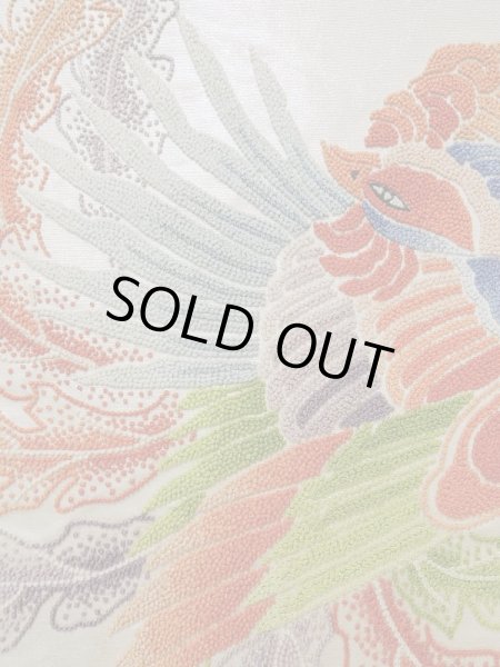 画像4: K1111M 袋帯  女性用着物 シルク（正絹） シャイニーな  オフ　ホワイト 孔雀  , 相良刺繍【中古】 【USED】 【リサイクル】 ★★★☆☆ (4)