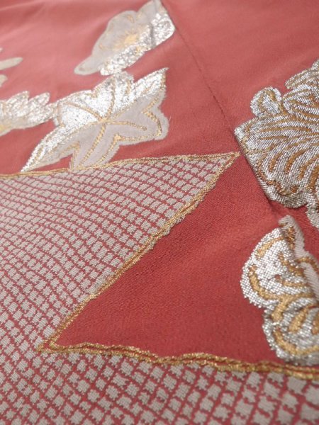 画像10: K1117I  訪問着 女性用着物  シルク(正絹) 淡い  オレンジ, 花 【中古】 【USED】 【リサイクル】 ★☆☆☆☆ (10)