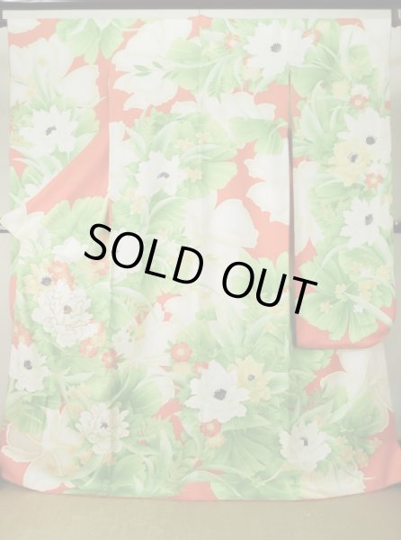 画像1: K1222C  振袖 女性用着物  シルク（正絹）   オレンジ, 花 【中古】 【USED】 【リサイクル】 ★★☆☆☆ (1)