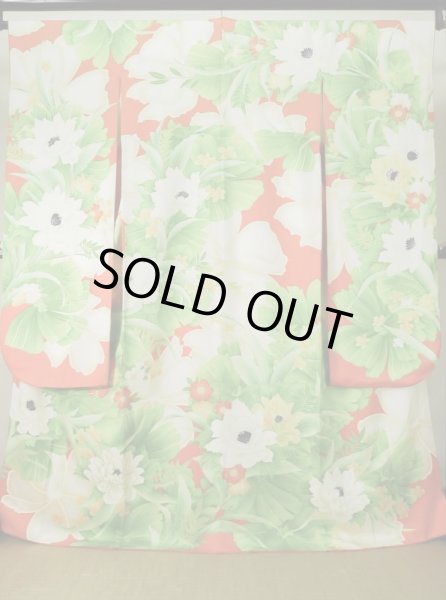 画像2: K1222C  振袖 女性用着物  シルク（正絹）   オレンジ, 花 【中古】 【USED】 【リサイクル】 ★★☆☆☆ (2)