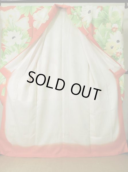 画像3: K1222C  振袖 女性用着物  シルク（正絹）   オレンジ, 花 【中古】 【USED】 【リサイクル】 ★★☆☆☆ (3)