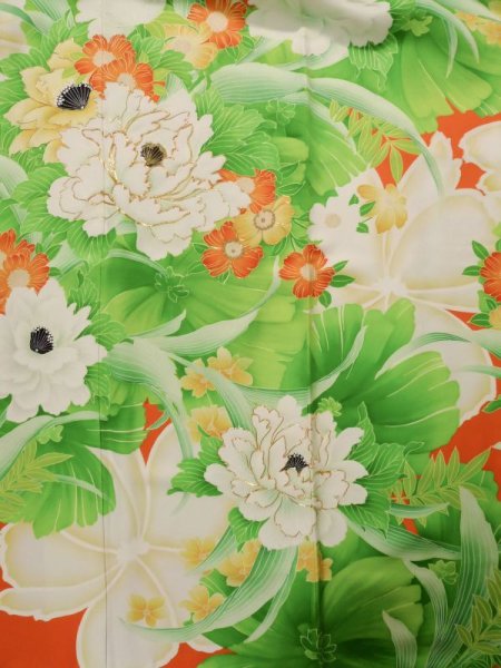 画像4: K1222C  振袖 女性用着物  シルク（正絹）   オレンジ, 花 【中古】 【USED】 【リサイクル】 ★★☆☆☆ (4)