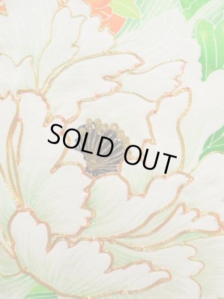 画像6: K1222C  振袖 女性用着物  シルク（正絹）   オレンジ, 花 【中古】 【USED】 【リサイクル】 ★★☆☆☆ (6)