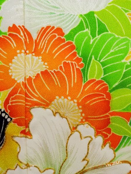 画像7: K1222C  振袖 女性用着物  シルク（正絹）   オレンジ, 花 【中古】 【USED】 【リサイクル】 ★★☆☆☆ (7)