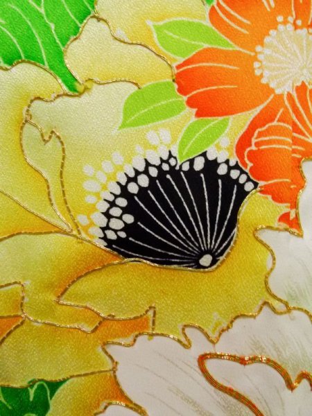 画像8: K1222C  振袖 女性用着物  シルク（正絹）   オレンジ, 花 【中古】 【USED】 【リサイクル】 ★★☆☆☆ (8)