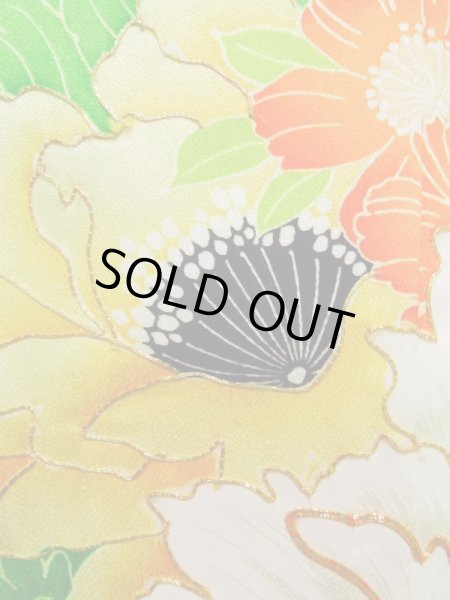 画像8: K1222C  振袖 女性用着物  シルク（正絹）   オレンジ, 花 【中古】 【USED】 【リサイクル】 ★★☆☆☆ (8)