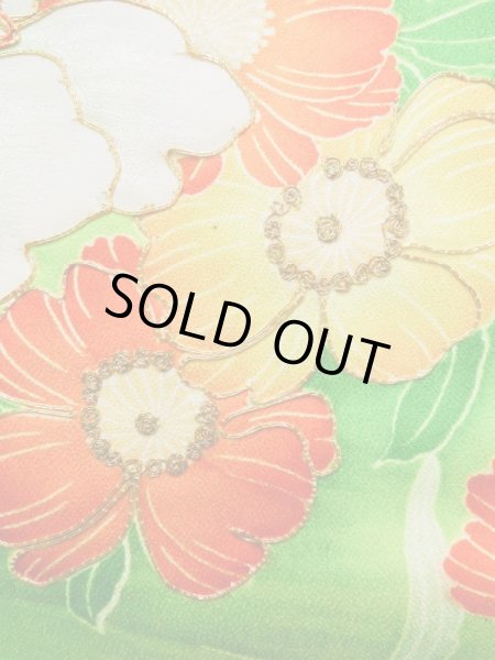 画像9: K1222C  振袖 女性用着物  シルク（正絹）   オレンジ, 花 【中古】 【USED】 【リサイクル】 ★★☆☆☆ (9)