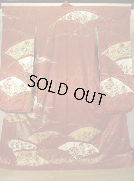 画像2: K1222H  振袖 女性用着物 雪輪 シルク(正絹)   朱赤, 梅 【中古】 【USED】 【リサイクル】 ★★★☆☆ (2)