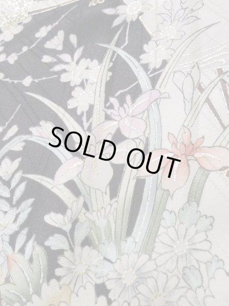 画像11: K1222J  振袖 女性用着物 花車 シルク（正絹）   黒, 花 【中古】 【USED】 【リサイクル】 ★★★★☆ (11)