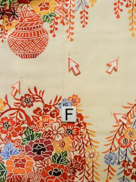 画像22: K1222N  振袖 女性用着物  シルク(正絹)   クリーム, 花 【中古】 【USED】 【リサイクル】 ★★☆☆☆ (22)