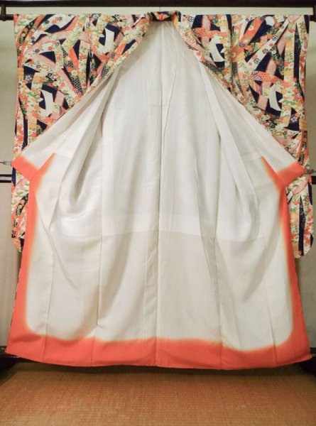 画像3: K1222P  振袖 女性用着物 熨斗 シルク（正絹）   青, ぼたん 【中古】 【USED】 【リサイクル】 ★★★☆☆ (3)