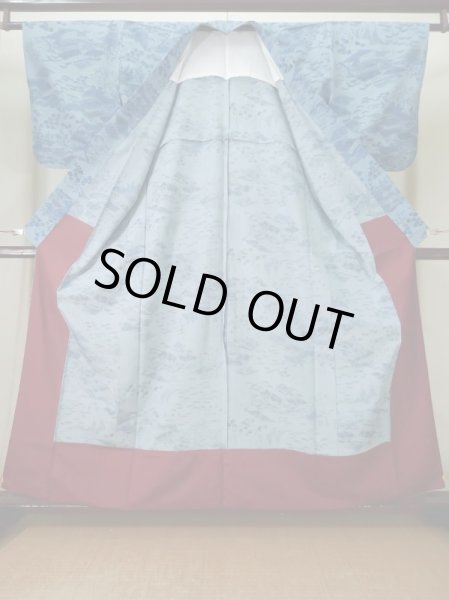 画像2: L0119J  小紋 女性用着物  化繊 スモーキーな 淡い 青, 花 【中古】 【USED】 【リサイクル】 ★★★☆☆ (2)