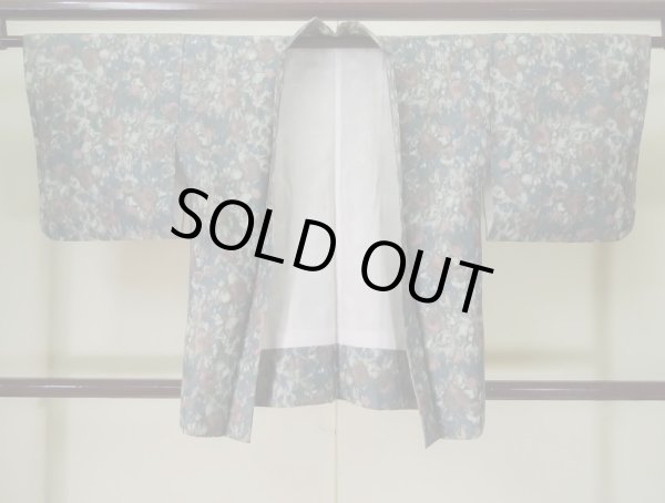 画像1: L0202A  羽織 女性用着物  化繊 スモーキーな 淡い ティール（青緑）, 花 薄い【中古】 【USED】 【リサイクル】 ★★★☆☆ (1)