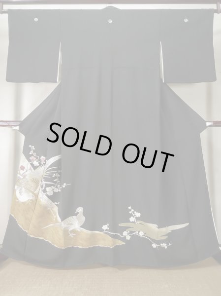 画像1: L0204I  留袖 女性用着物 霞文、雉柄 シルク（正絹）   黒, 梅 【中古】 【USED】 【リサイクル】 ★★★☆☆ (1)