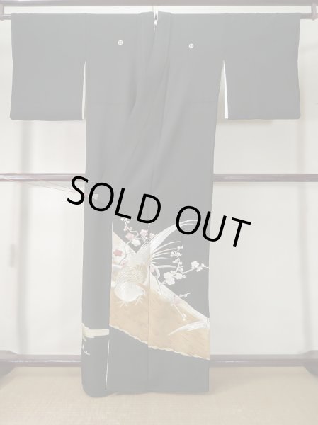 画像2: L0204I  留袖 女性用着物 霞文、雉柄 シルク（正絹）   黒, 梅 【中古】 【USED】 【リサイクル】 ★★★☆☆ (2)