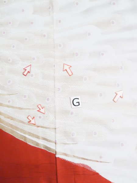 画像23: L0204K  振袖 女性用着物  シルク(正絹)   朱赤, 孔雀 【中古】 【USED】 【リサイクル】 ★★☆☆☆ (23)