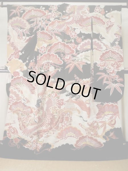 画像2: L0204M  振袖 女性用着物  シルク(正絹)   黒, 梅 【中古】 【USED】 【リサイクル】 ★★☆☆☆ (2)