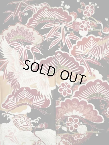 画像6: L0204M  振袖 女性用着物  シルク(正絹)   黒, 梅 【中古】 【USED】 【リサイクル】 ★★☆☆☆ (6)