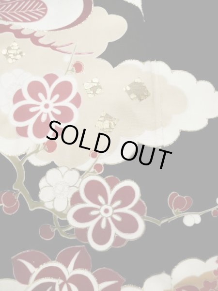 画像15: L0204M  振袖 女性用着物  シルク(正絹)   黒, 梅 【中古】 【USED】 【リサイクル】 ★★☆☆☆ (15)