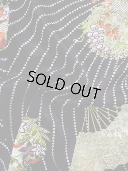 画像13: L0204R  振袖 女性用着物  シルク(正絹)   黒, 花 【中古】 【USED】 【リサイクル】 ★★★☆☆ (13)