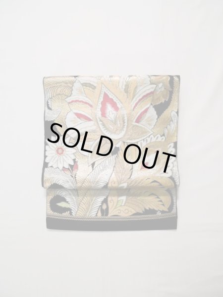 画像2: L0216D 袋帯 女性用着物 シルク(正絹)   黒 花 【中古】 【USED】 【リサイクル】 ★★★☆☆ (2)