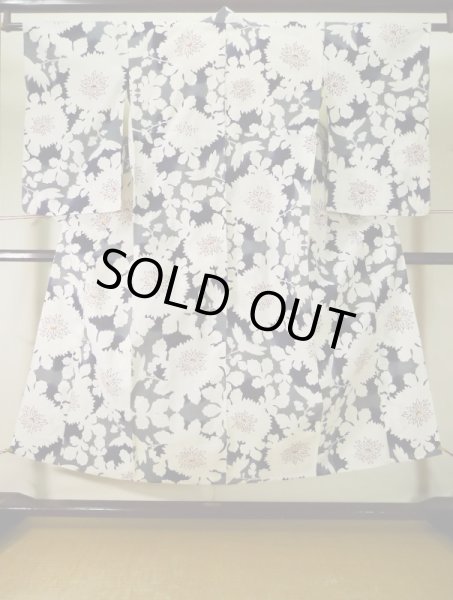 画像1: L0309M  浴衣（日本製） 女性用着物  麻   オフ　ホワイト, 花 【中古】 【USED】 【リサイクル】 ★★☆☆☆ (1)