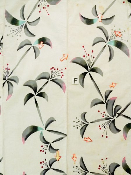 画像19: L0309P  浴衣(日本製) 女性用着物  麻   オフ ホワイト, 抽象的模様 【中古】 【USED】 【リサイクル】 ★★☆☆☆ (19)