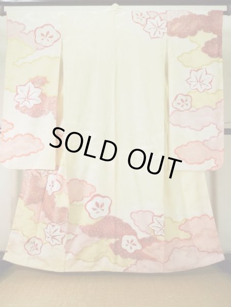 画像1: L0309R  振袖 女性用着物  シルク（正絹） スモーキーな  グリーン（緑）, 梅 【中古】 【USED】 【リサイクル】 ★★★☆☆ (1)