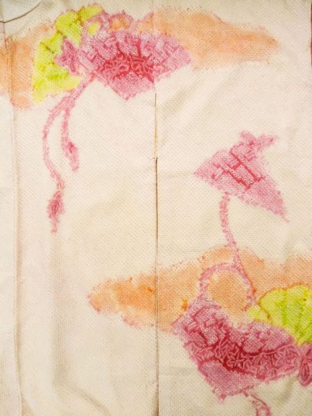 画像6: L0309T  振袖 女性用着物  シルク(正絹) スモーキーな クリーミーな カーキ, 雲 【中古】 【USED】 【リサイクル】 ★★★☆☆ (6)