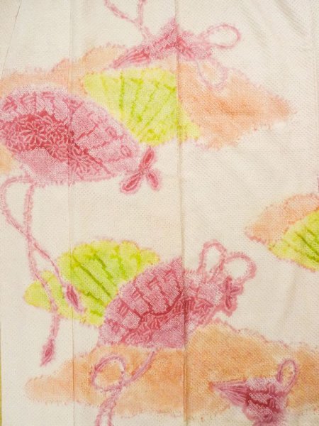 画像7: L0309T  振袖 女性用着物  シルク(正絹) スモーキーな クリーミーな カーキ, 雲 【中古】 【USED】 【リサイクル】 ★★★☆☆ (7)