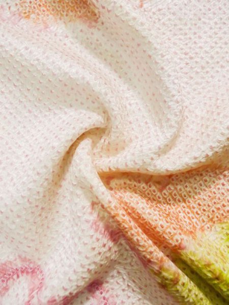 画像17: L0309T  振袖 女性用着物  シルク(正絹) スモーキーな クリーミーな カーキ, 雲 【中古】 【USED】 【リサイクル】 ★★★☆☆ (17)