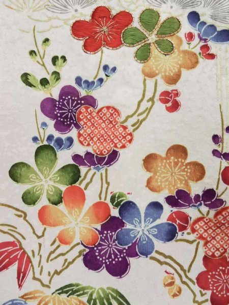 画像9: L0316E  振袖 女性用着物  シルク(正絹) シャイニーな  オフ ホワイト, 花 【中古】 【USED】 【リサイクル】 ★★★☆☆ (9)