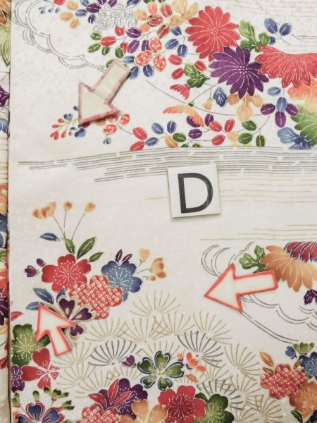 画像23: L0316E  振袖 女性用着物  シルク(正絹) シャイニーな  オフ ホワイト, 花 【中古】 【USED】 【リサイクル】 ★★★☆☆ (23)