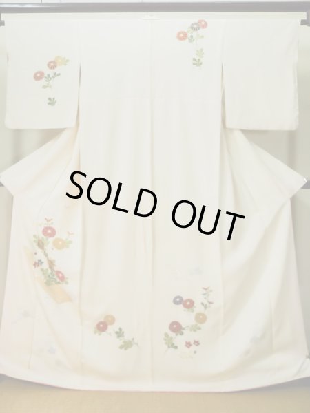 画像1: L0316G  訪問着 女性用着物  シルク（正絹）   オフ　ホワイト, 菊 【中古】 【USED】 【リサイクル】 ★★☆☆☆ (1)