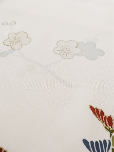 画像13: L0316G  訪問着 女性用着物  シルク(正絹)   オフ ホワイト, 菊 【中古】 【USED】 【リサイクル】 ★★☆☆☆ (13)