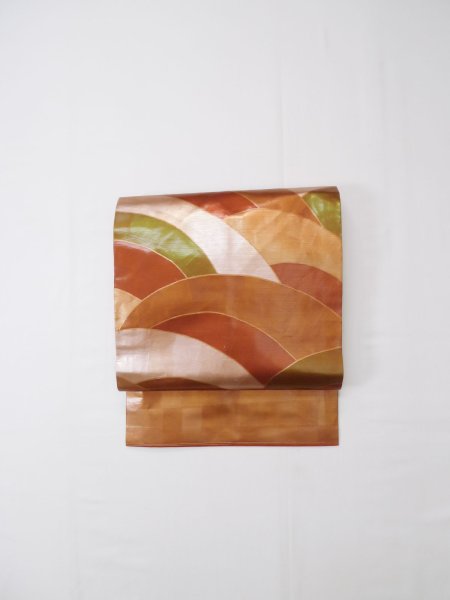 画像2: L0427C 名古屋帯 女性用着物 シルク(正絹) シャイニー ダーク オレンジ 青海波 【中古】 【USED】 【リサイクル】 ★★★☆☆ (2)