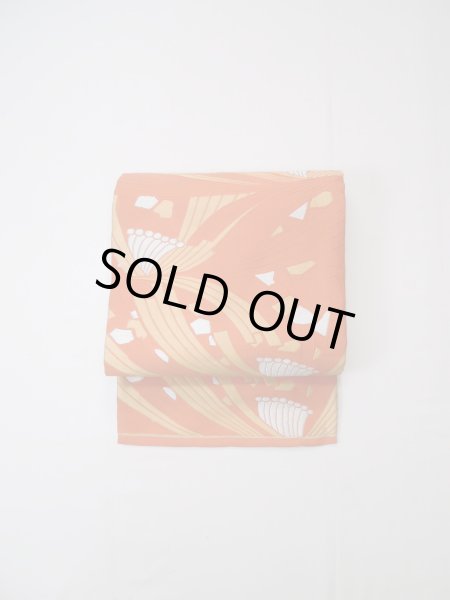 画像2: L0427I 名古屋帯 女性用着物 シルク(正絹)   オレンジ 抽象的模様 【中古】 【USED】 【リサイクル】 ★☆☆☆☆ (2)