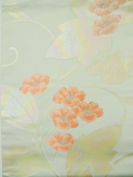 画像2: L0427R 名古屋帯 女性用着物 シルク(正絹) ペール ライト ティール(青緑) 花 【中古】 【USED】 【リサイクル】 ★★★☆☆ (2)