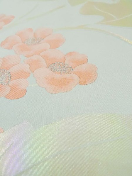 画像9: L0427R 名古屋帯 女性用着物 シルク(正絹) ペール ライト ティール(青緑) 花 【中古】 【USED】 【リサイクル】 ★★★☆☆ (9)