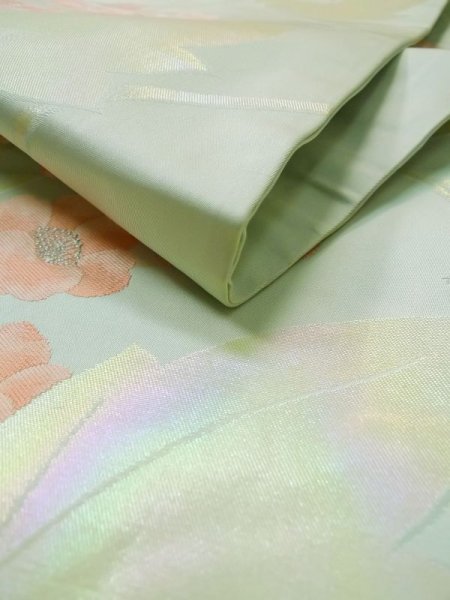 画像12: L0427R 名古屋帯 女性用着物 シルク(正絹) ペール ライト ティール(青緑) 花 【中古】 【USED】 【リサイクル】 ★★★☆☆ (12)