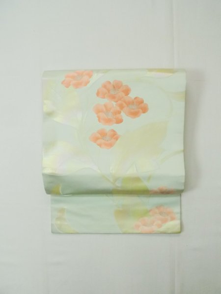 画像13: L0427R 名古屋帯 女性用着物 シルク(正絹) ペール ライト ティール(青緑) 花 【中古】 【USED】 【リサイクル】 ★★★☆☆ (13)
