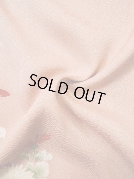 画像14: L0511E  L0511E 訪問着 女性用着物 巾着柄 シルク(正絹) 淡い 灰色がかった 珊瑚色, ぼたん 【中古】 【USED】 【リサイクル】 ★☆☆☆☆ (14)