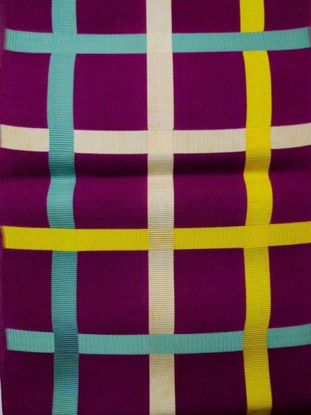 画像4: L0518F 八寸(袋名古屋)帯 女性用着物 麻 鮮やか 赤み 紫色 チェック柄 【中古】 【USED】 【リサイクル】 ★☆☆☆☆ (4)