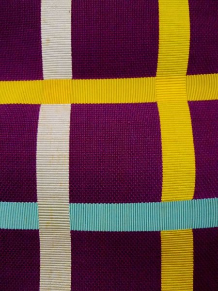 画像6: L0518F 八寸(袋名古屋)帯 女性用着物 麻 鮮やか 赤み 紫色 チェック柄 【中古】 【USED】 【リサイクル】 ★☆☆☆☆ (6)