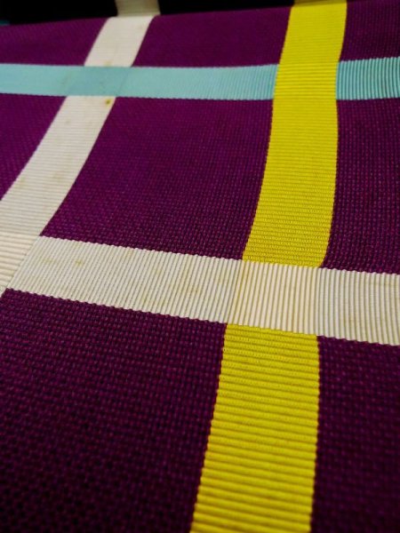 画像10: L0518F 八寸(袋名古屋)帯 女性用着物 麻 鮮やか 赤み 紫色 チェック柄 【中古】 【USED】 【リサイクル】 ★☆☆☆☆ (10)