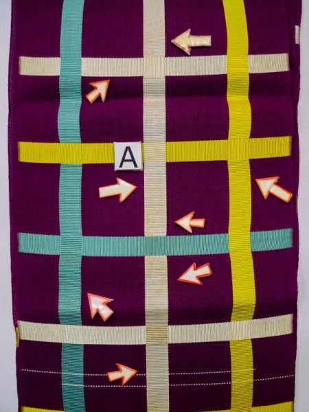 画像12: L0518F 八寸(袋名古屋)帯 女性用着物 麻 鮮やか 赤み 紫色 チェック柄 【中古】 【USED】 【リサイクル】 ★☆☆☆☆ (12)