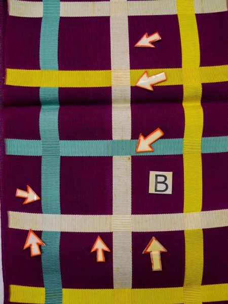 画像13: L0518F 八寸(袋名古屋)帯 女性用着物 麻 鮮やか 赤み 紫色 チェック柄 【中古】 【USED】 【リサイクル】 ★☆☆☆☆ (13)