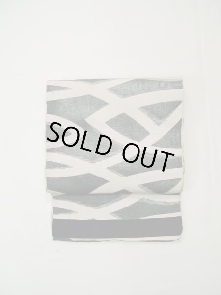 画像2: L0518I 八寸(袋名古屋)帯 女性用着物 シルク(正絹) 深い  オリーブ 抽象的模様 【中古】 【USED】 【リサイクル】 ★★☆☆☆ (2)